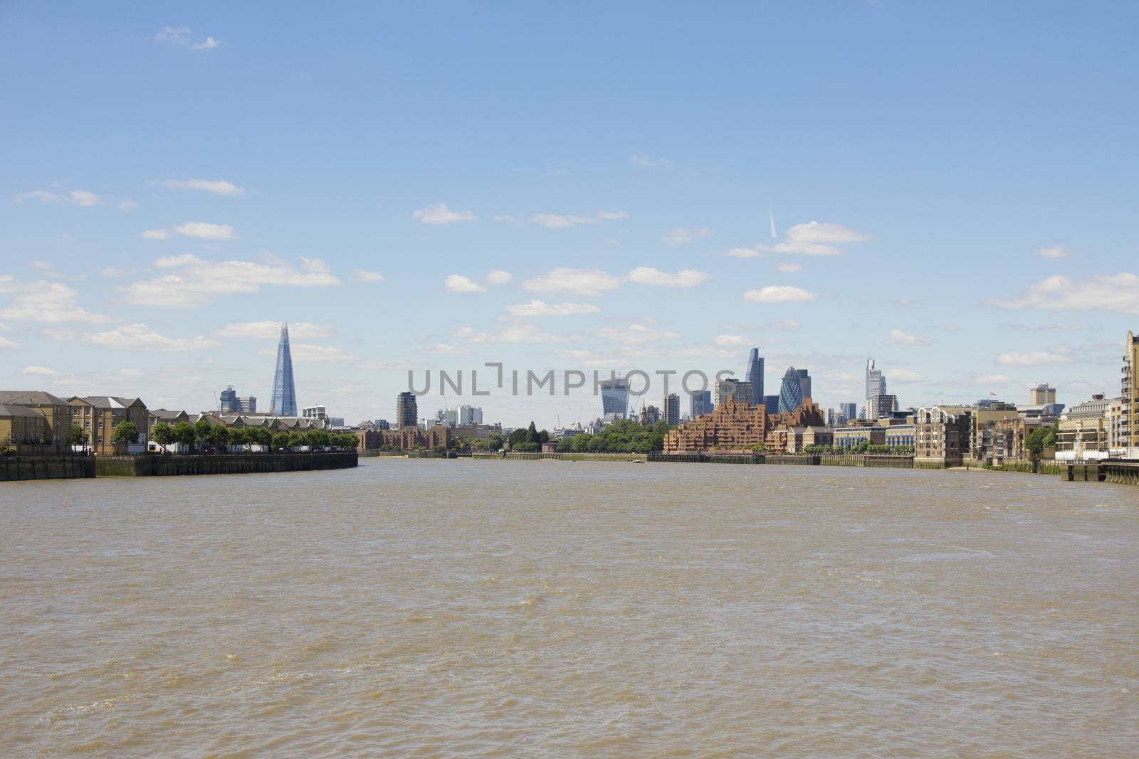 A view of London's skyline, including the Shard, Gherkin, Cheesegrater and Walkie Talkie buildings.  As viewed from Canary Wharf