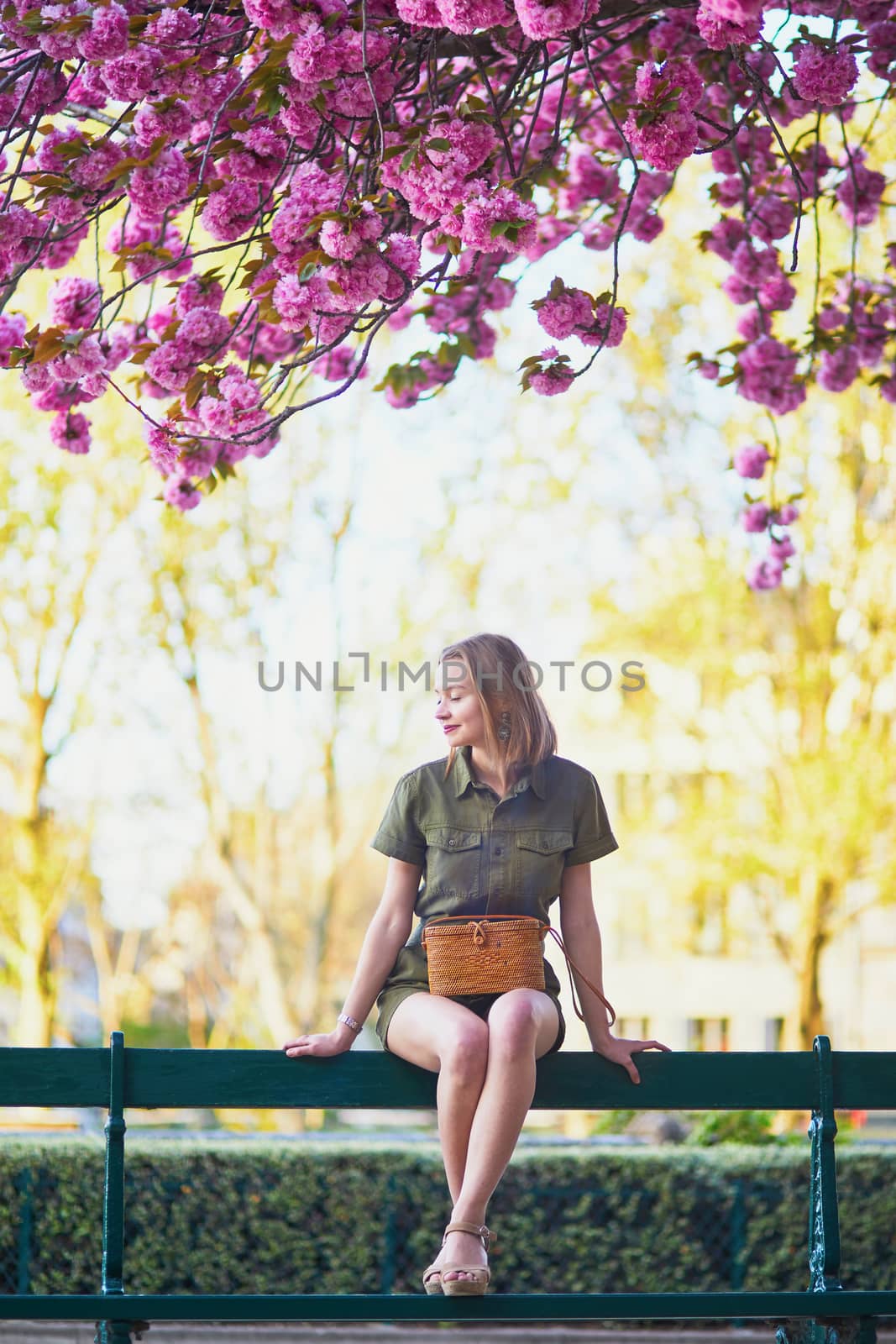 Beautiful French woman walking in Paris on a spring day at cherry blossom season