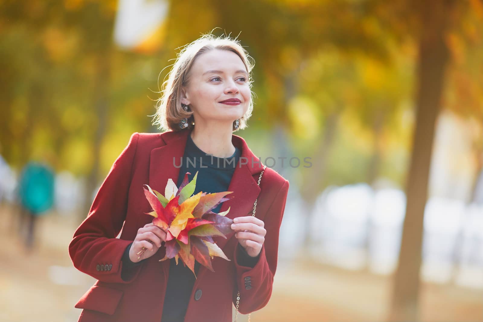 Beautiful young woman with bunch of colorful autumn leaves walking in park on a fall day