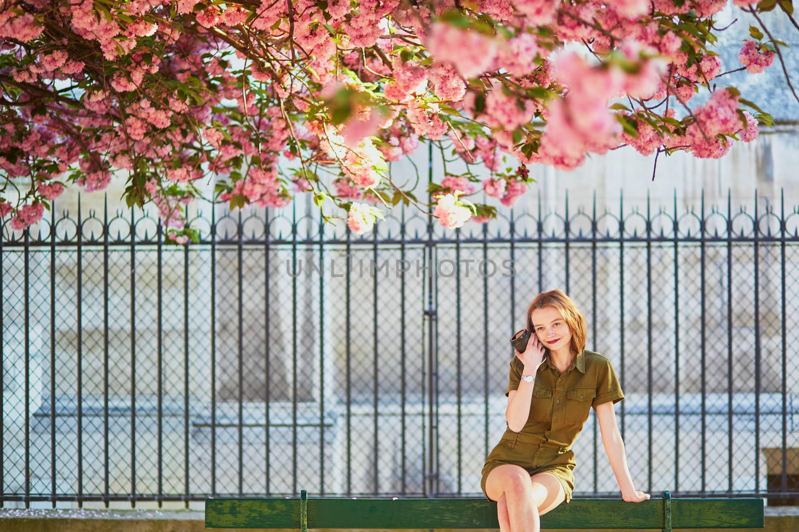 Beautiful French woman walking in Paris on a spring day at cherry blossom season