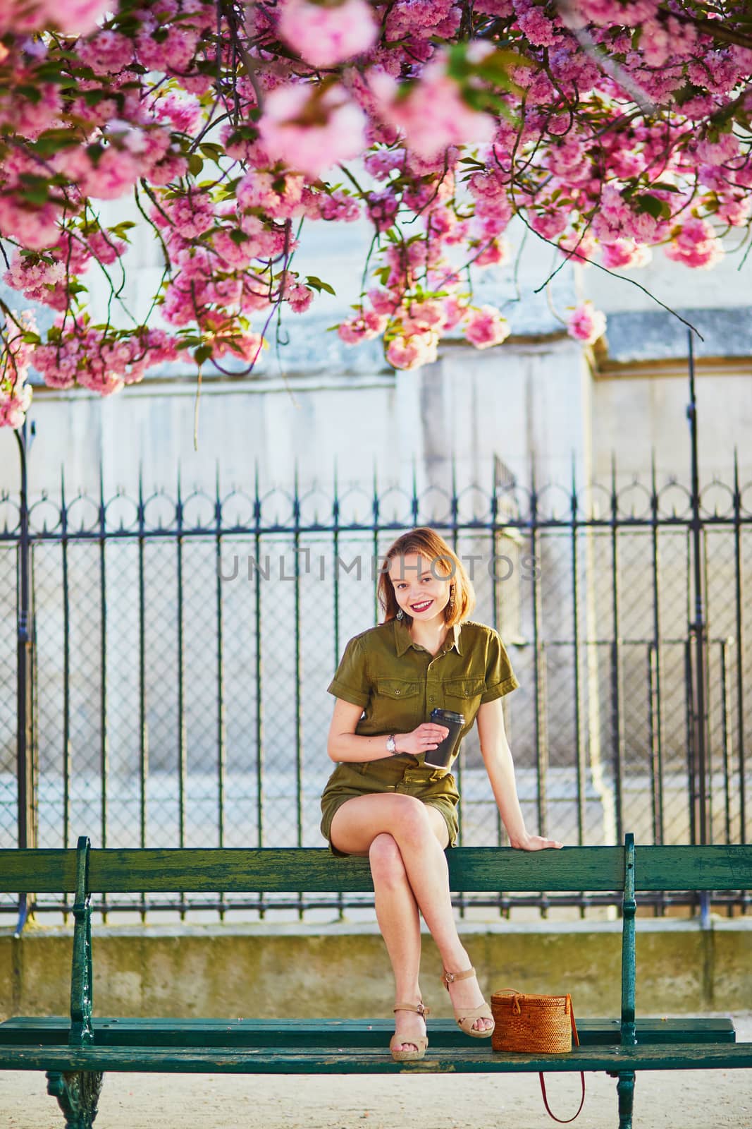 Beautiful French woman walking in Paris on a spring day at cherry blossom season