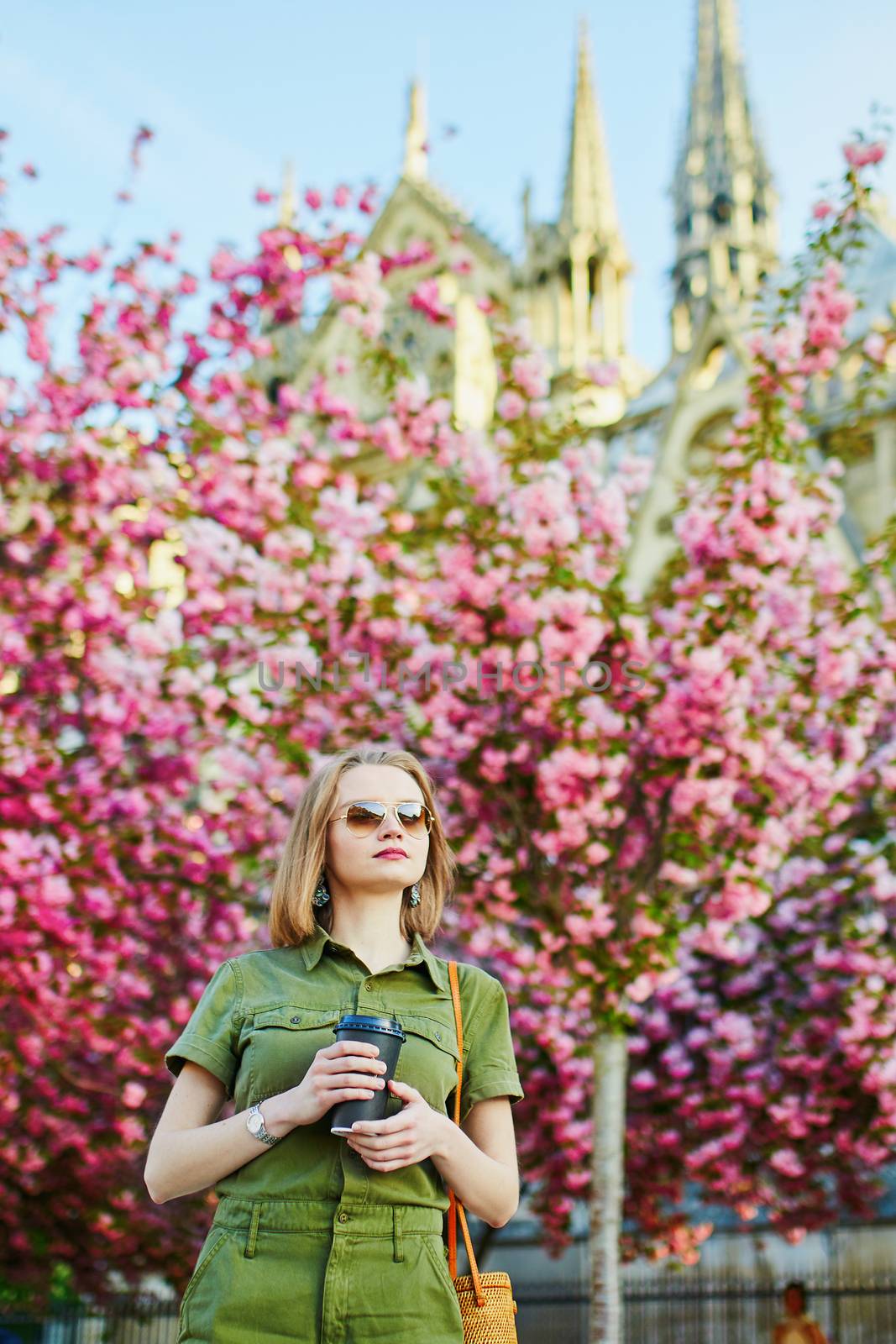 Beautiful French woman walking in Paris on a spring day at cherry blossom season