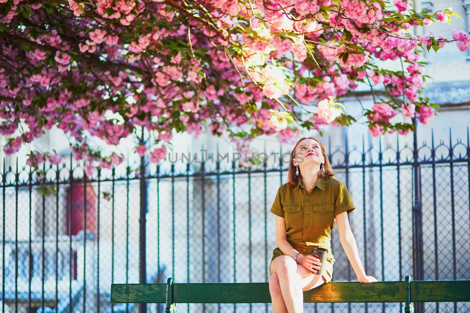 Beautiful French woman walking in Paris on a spring day at cherry blossom season