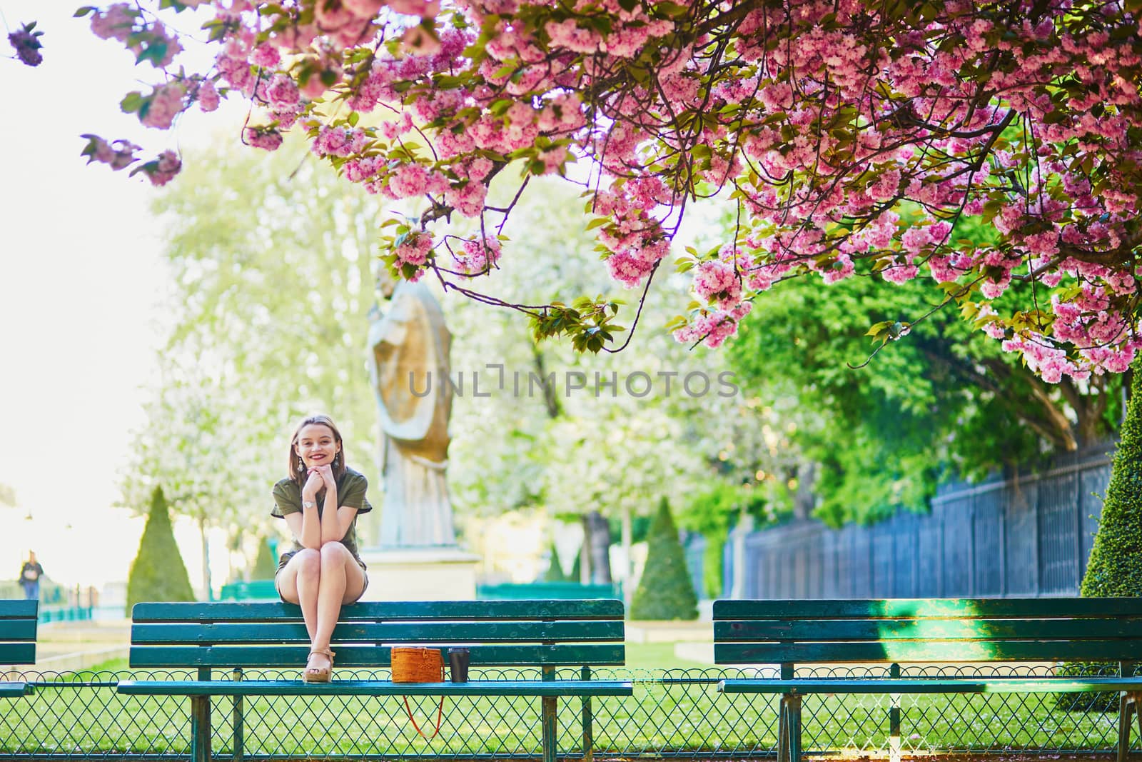 Beautiful French woman walking in Paris on a spring day at cherry blossom season