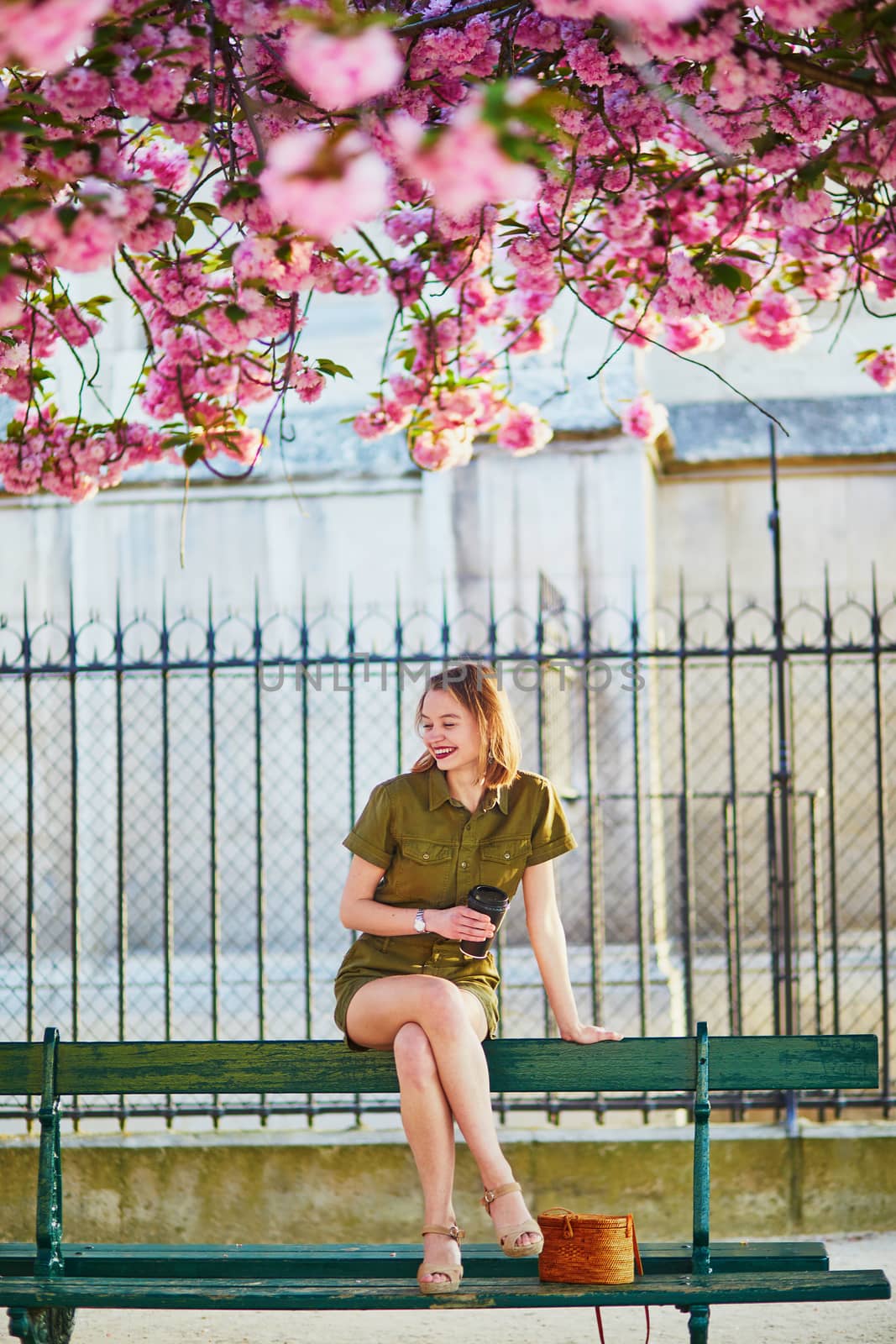 Beautiful French woman walking in Paris on a spring day at cherry blossom season