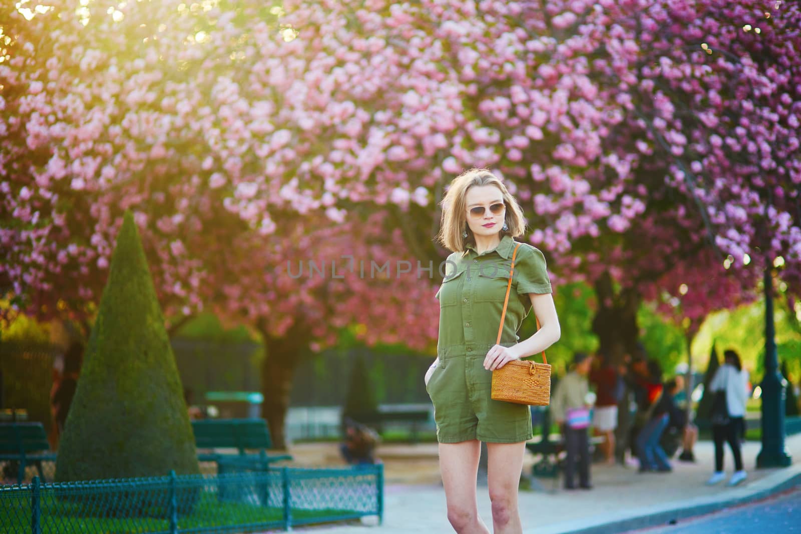 Beautiful French woman walking in Paris on a spring day at cherry blossom season