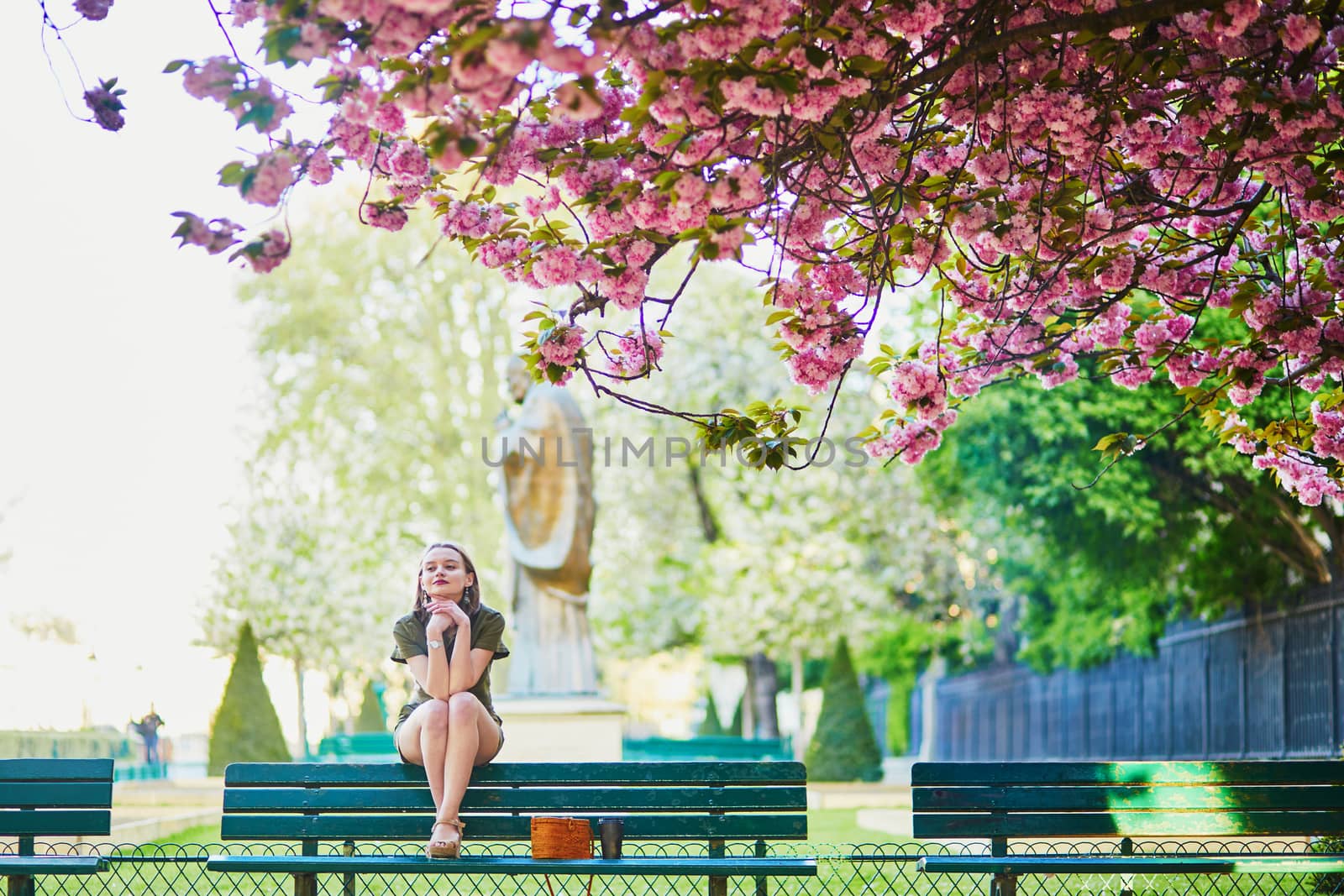 Beautiful French woman walking in Paris on a spring day at cherry blossom season