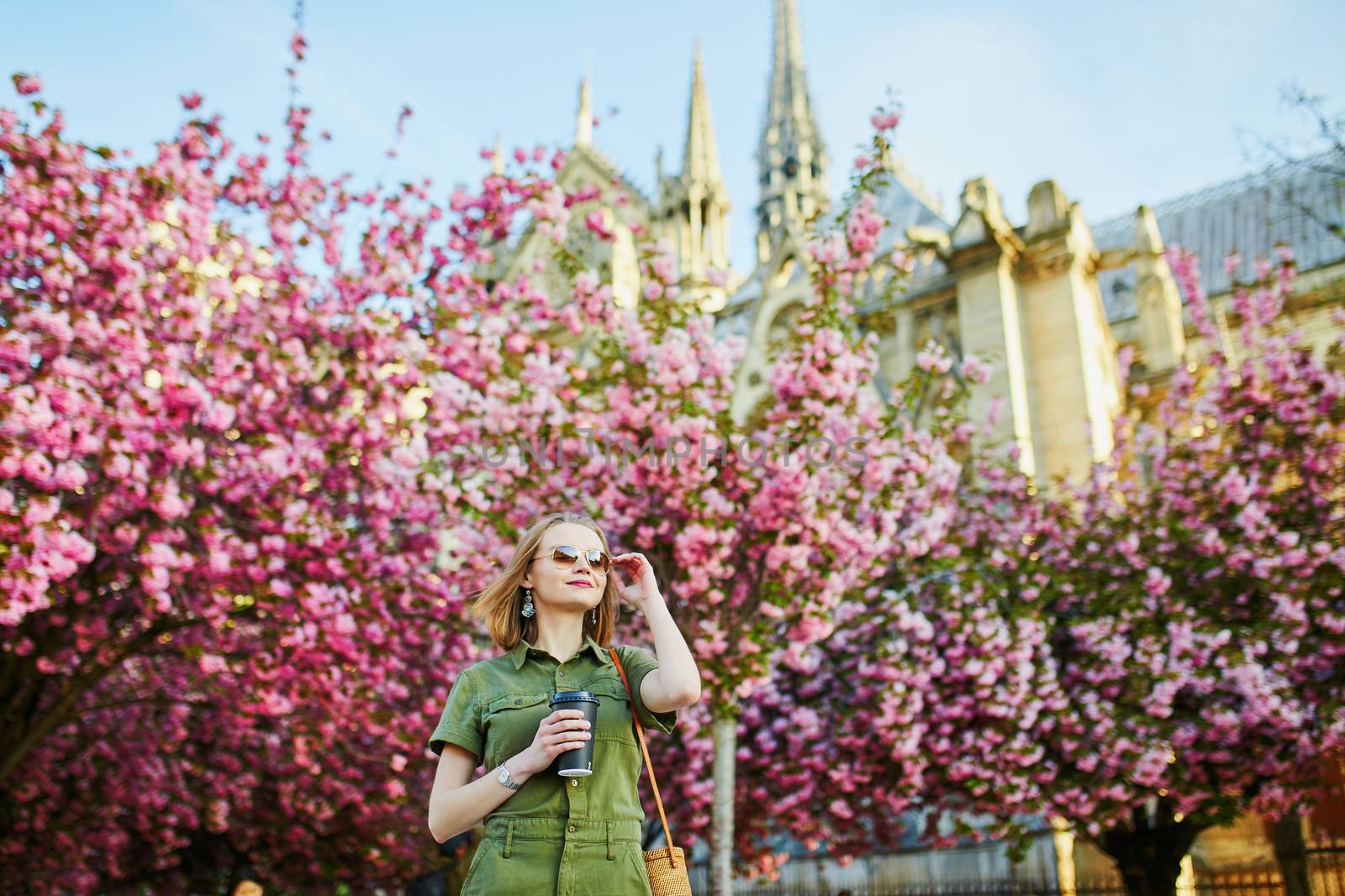 Beautiful French woman walking in Paris on a spring day at cherry blossom season