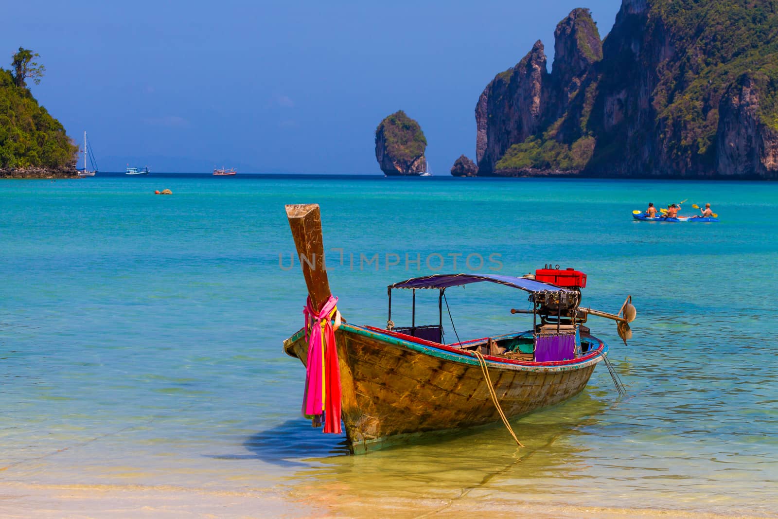 Long boat and tropical beach, Andaman Sea,Phi Phi Islands, Thailand