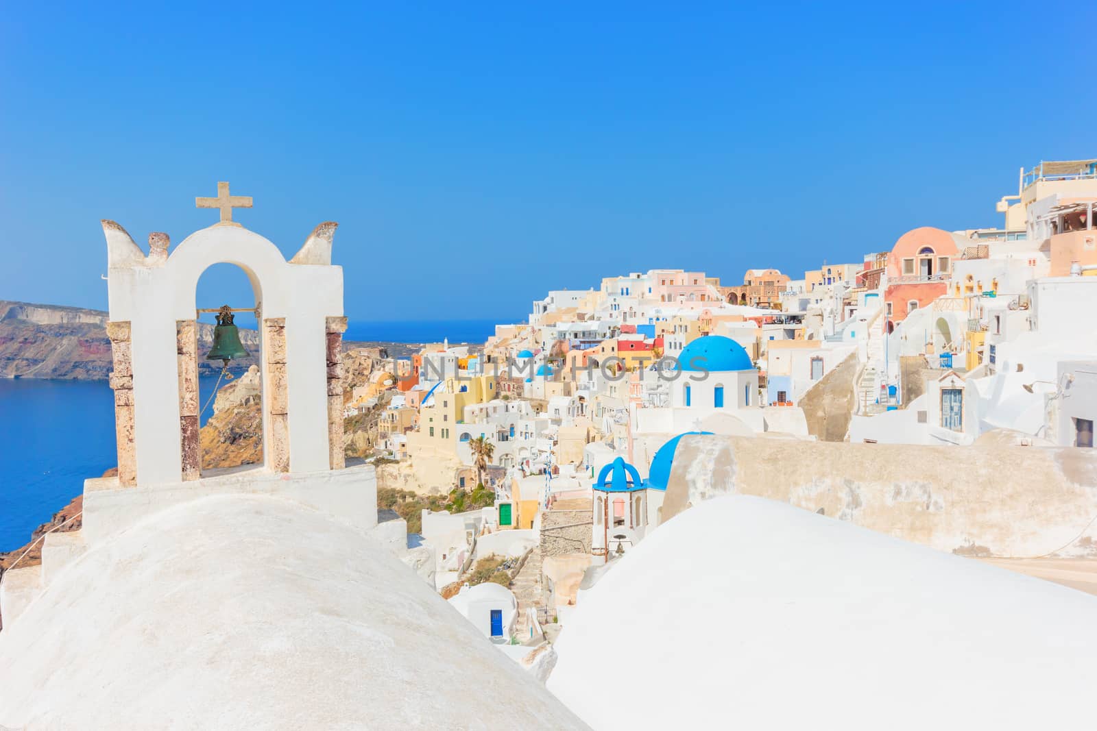 Traditional blue dome church in Santorini Greece