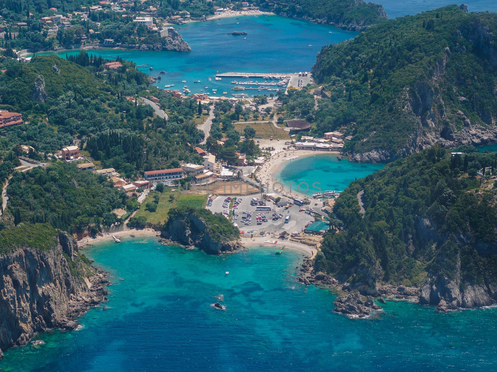 Aerial view of The bay of Paleokastritsa in Corfu Greece