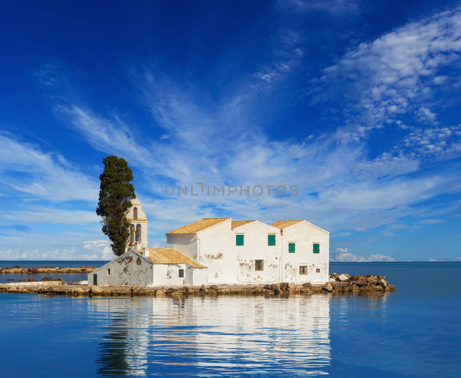 Sunset scene of Vlacherna monastery, Kanoni, Corfu by Netfalls