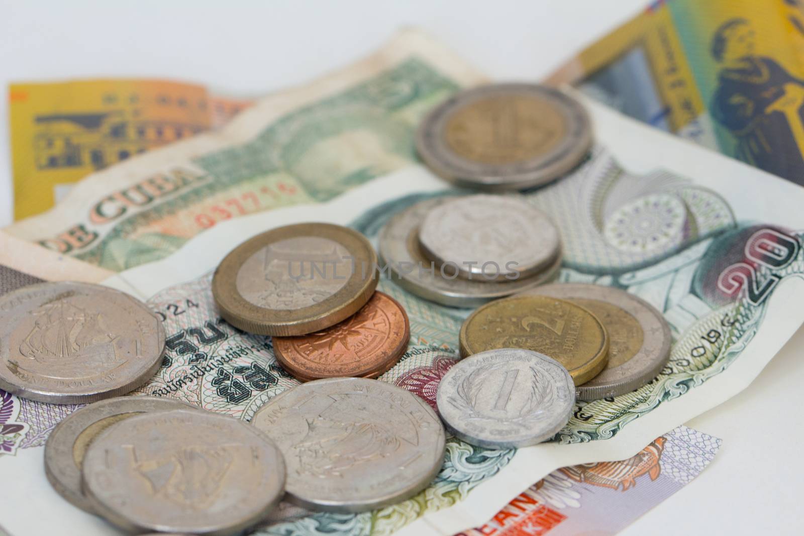 An assortment of foreign coins and bank notes