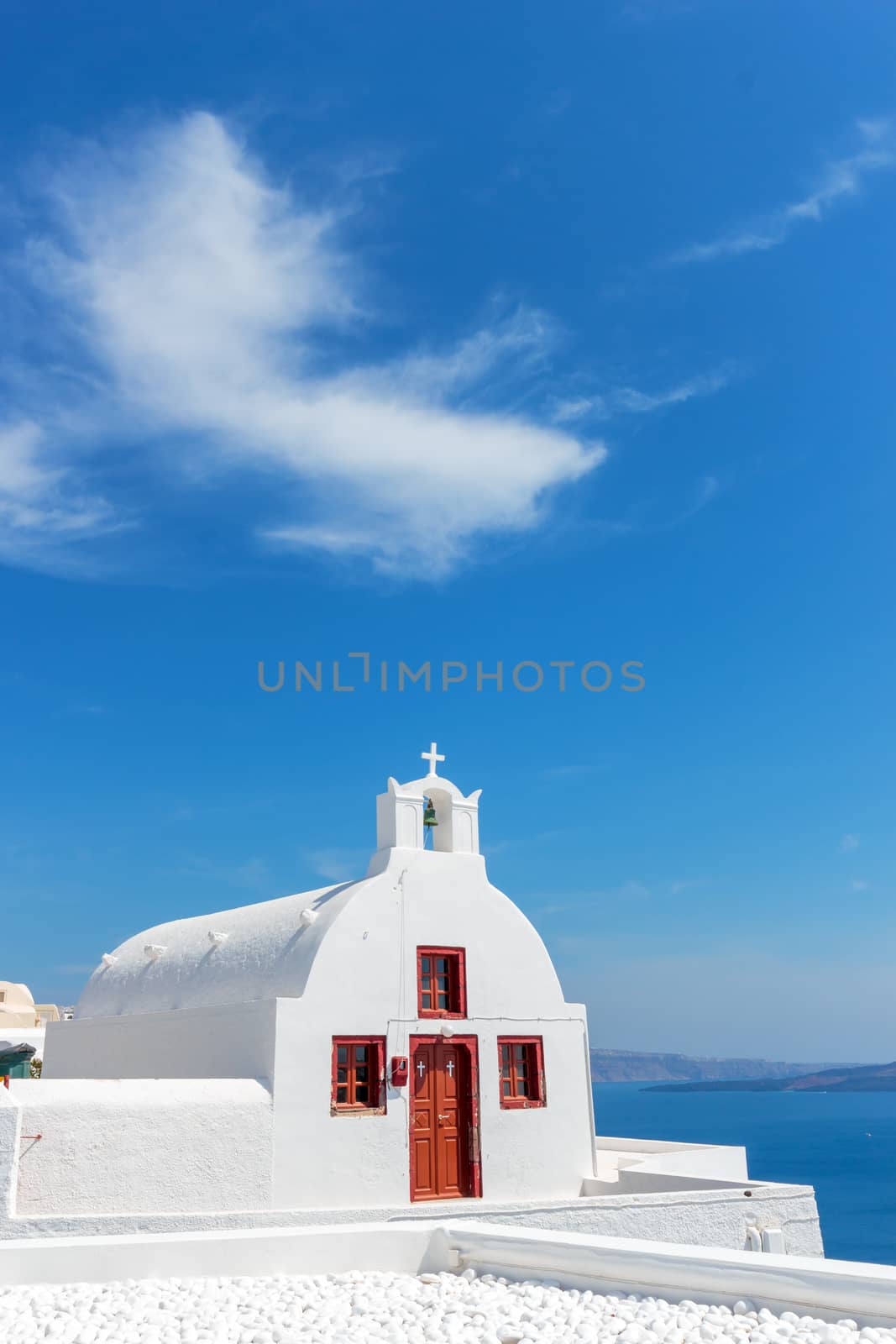 Traditional blue dome church in Santorini Greece