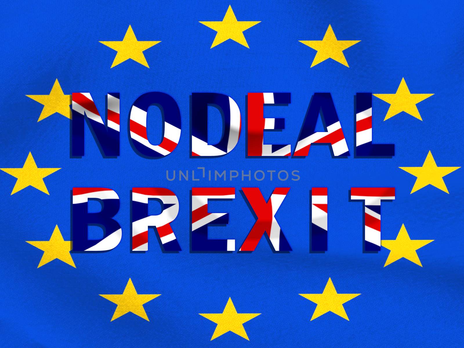 No Deal Brexit text in the colours of the Union Jack flag on an EU flag background