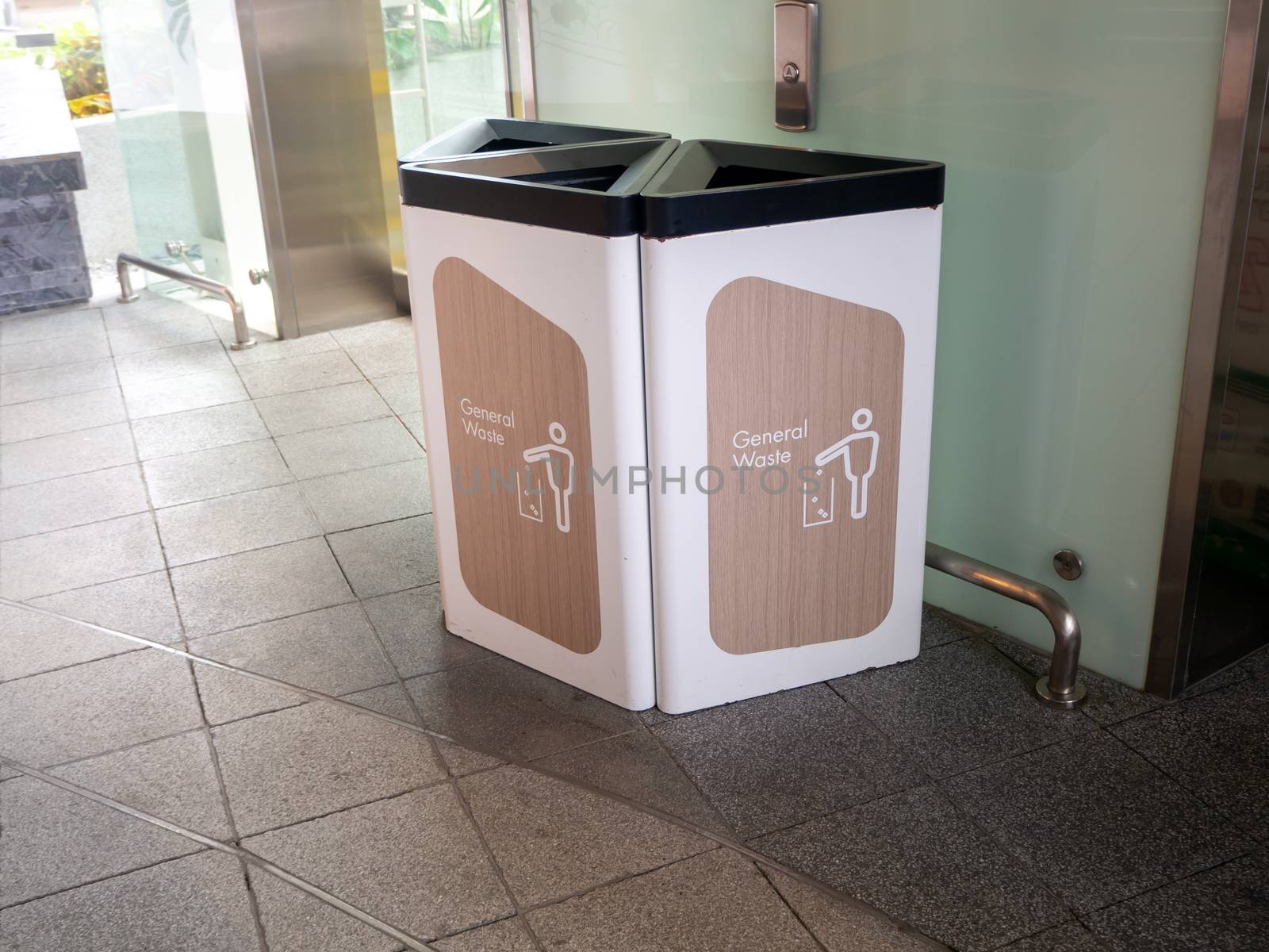 recycling bin at shopping mall, trash container with icons of recycle