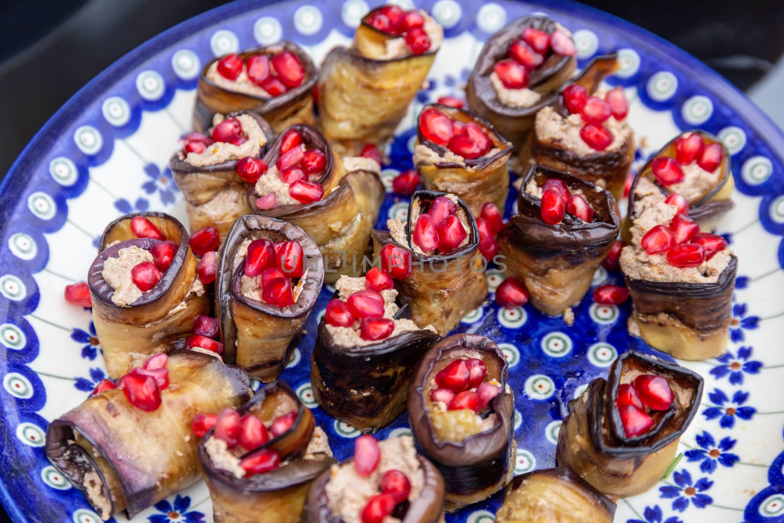 Badrijani nigvzit - Georgian aubergine rolls.  Traditional food from Georgia.