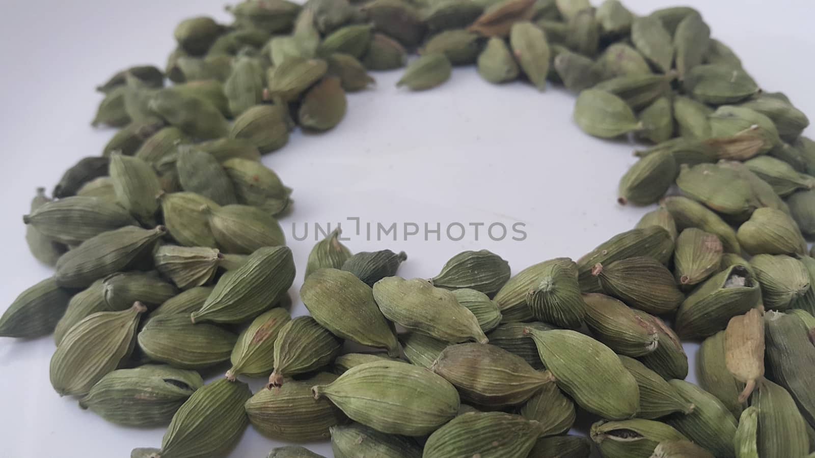 Closeup top view of dried green Elettaria cardamomum fruits with seeds, cardamom spice arranged in ring on a white background