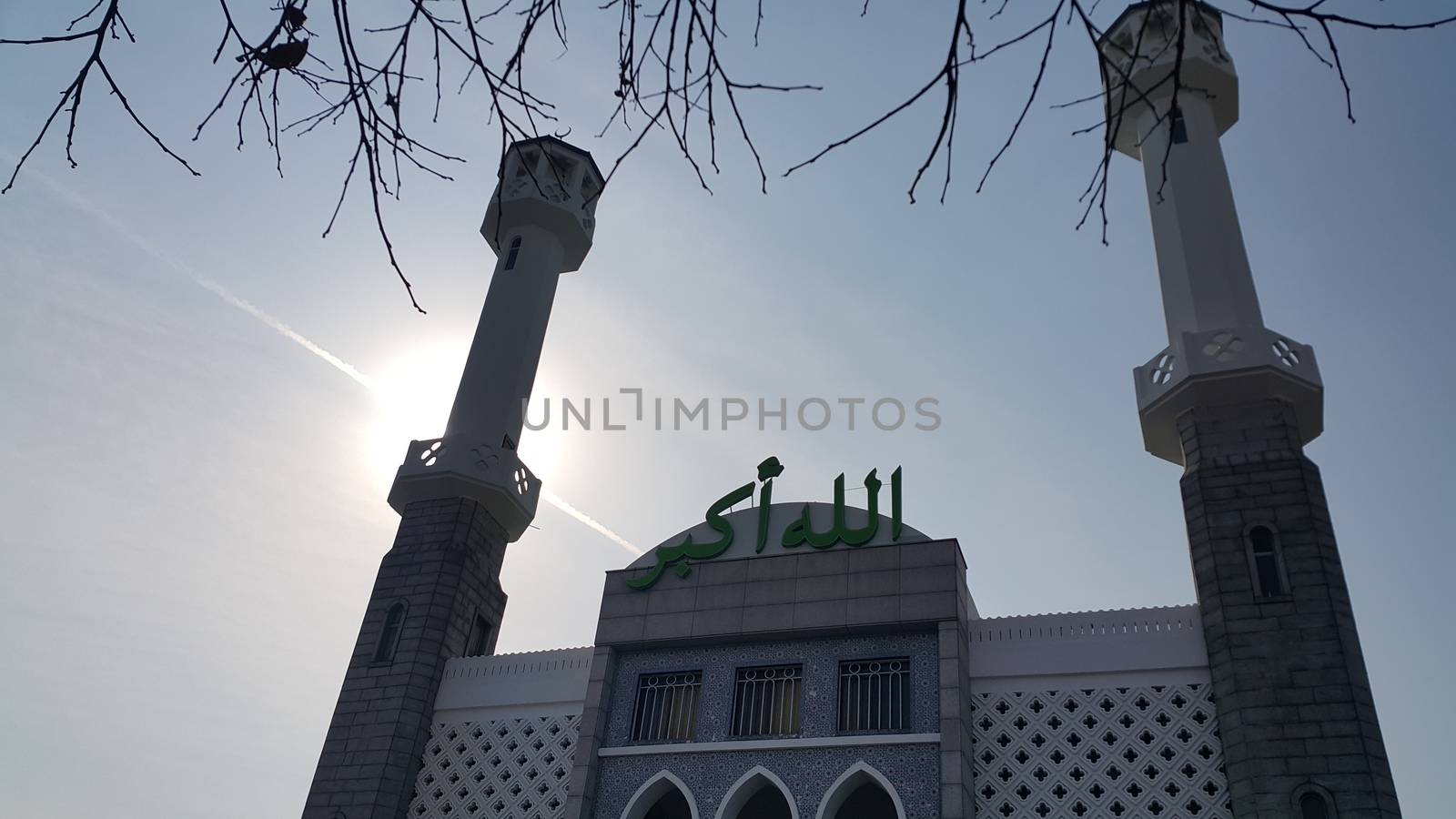 Seoul, South Korea - February 12, 2019:  Seoul Central Mosque, the first and biggest Islamic mosque in South Korea located in Itaewon Dong area. It has minerates and Letters with Allahu Akbar which means "Allah is the greatest".