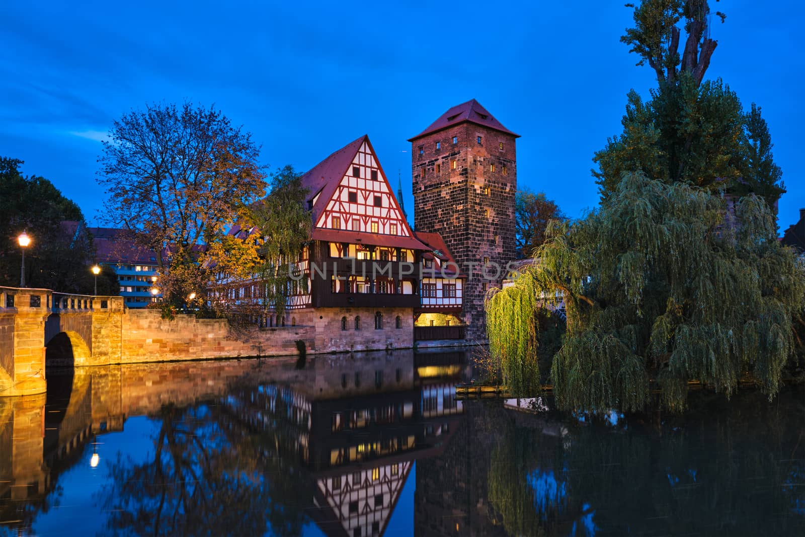 Nuremberg city houses on riverside of Pegnitz river. Nuremberg, Franconia, Bavaria, Germany by dimol