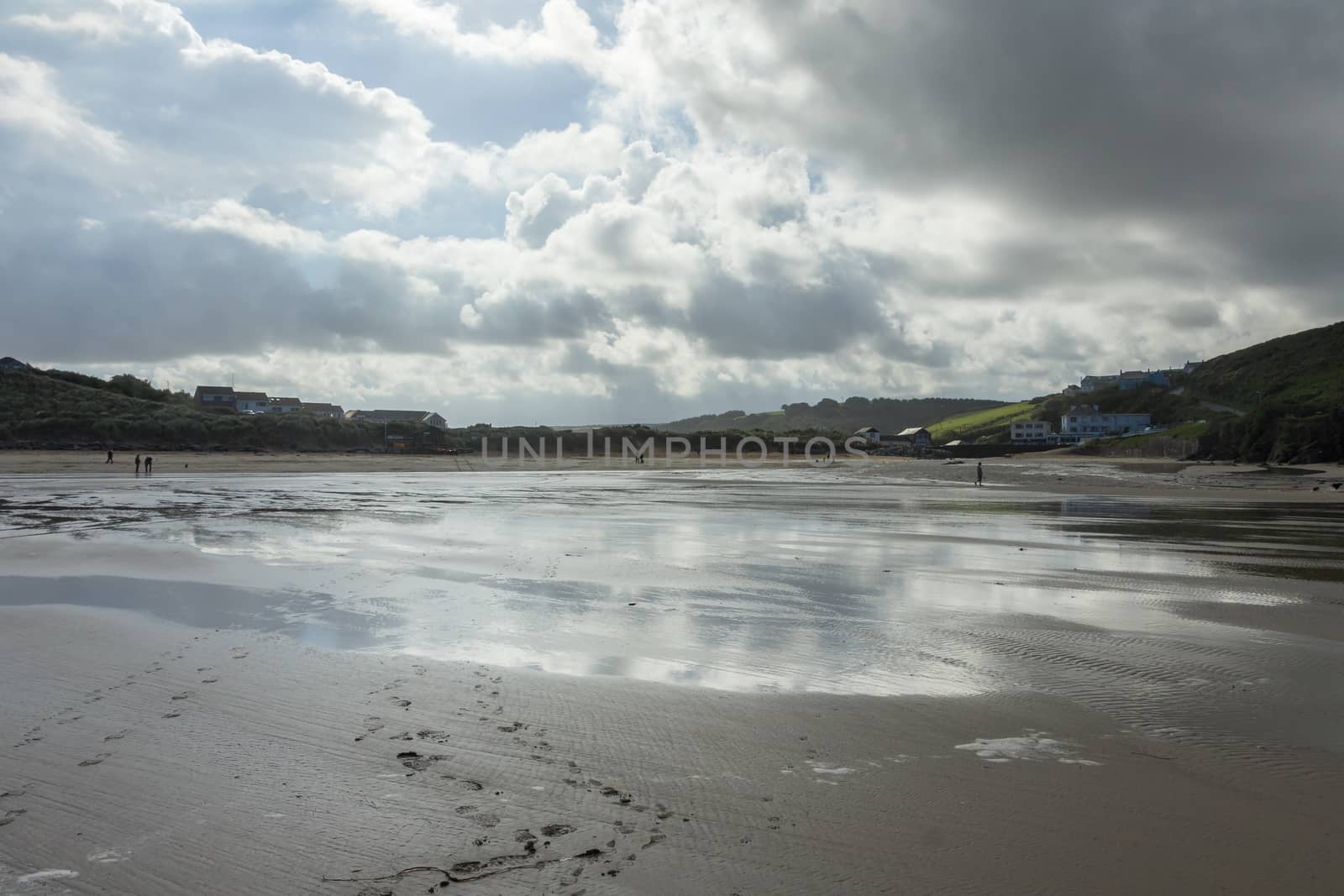 Sweeping vista of Mawgan Porth Beach, North Cornwall, England