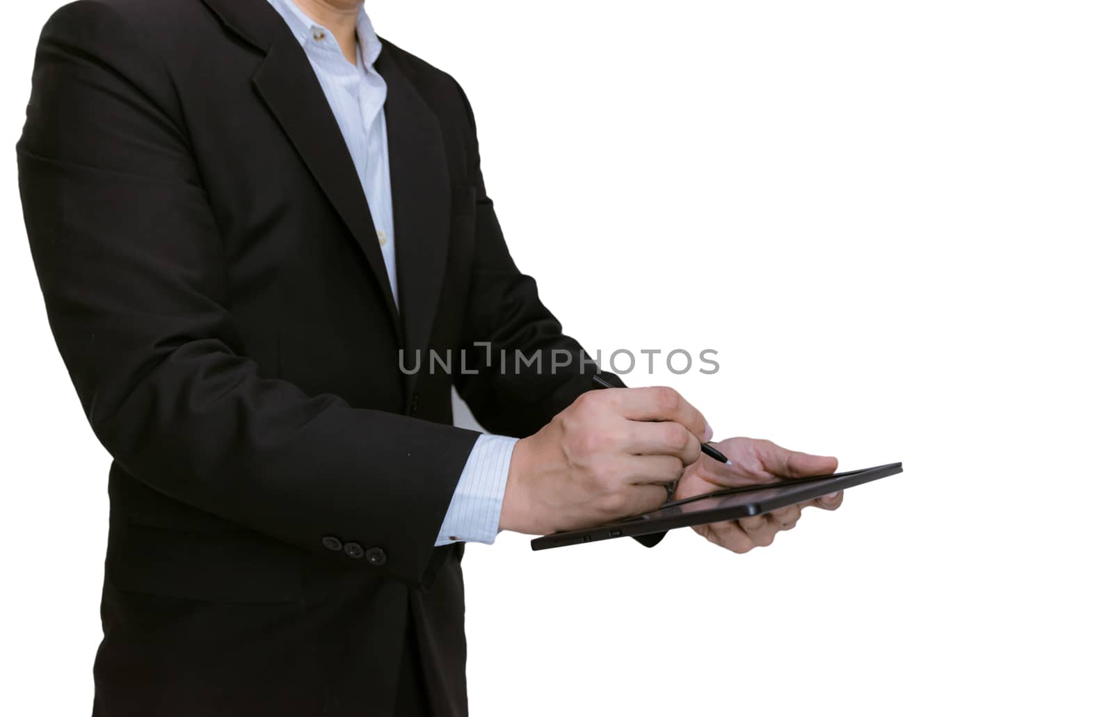 Businessman holding a tablet on white background