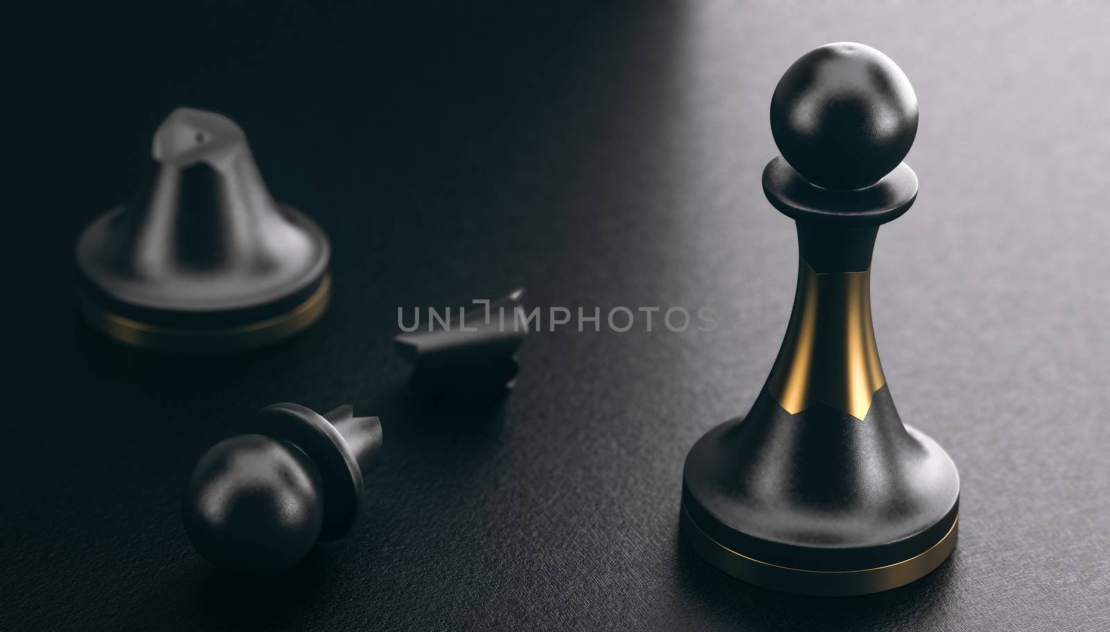 3D illustration of a broken pawn and another one repaired by using of a golden part. Black background. Positive psychology and resilience concept.