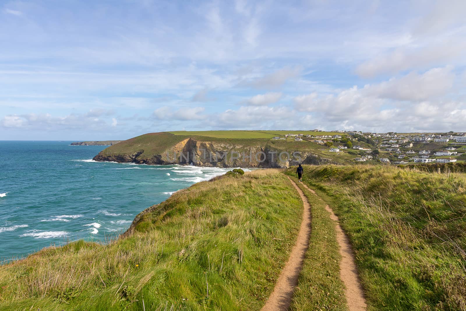 A landscape view of Mawgan Porth from the South West Coast Path, North Cornwall along the Atlantic coast near Newquay