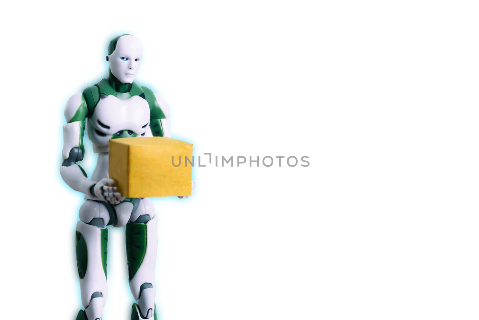Intelligent robot technology holds box works instead of humans in the warehouse white background by sompongtom