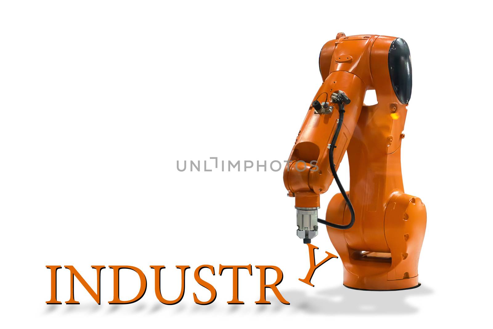 Robot arm writing technology mechanical arm industrial letter white background by sompongtom