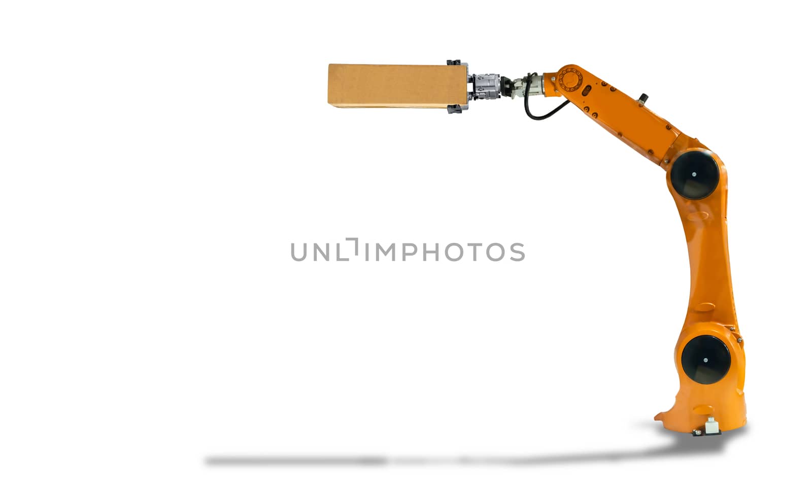 Robot arm hold the box industry Mechanical technology on a white background. by sompongtom