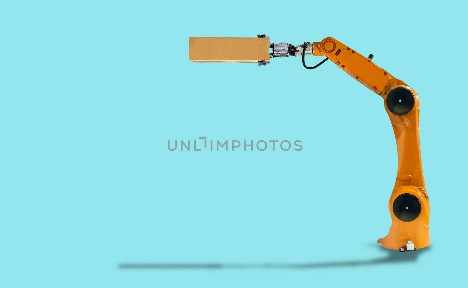 Robot arm hold the box industry Mechanical technology on a white background.