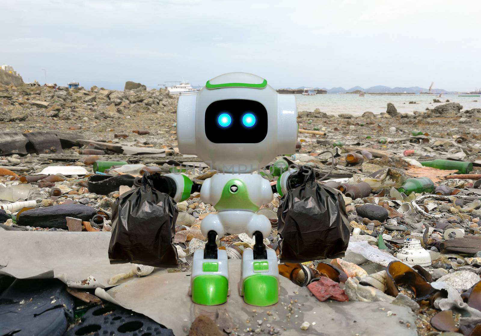 Robot technology to collect black garbage bag instead of humans by sompongtom