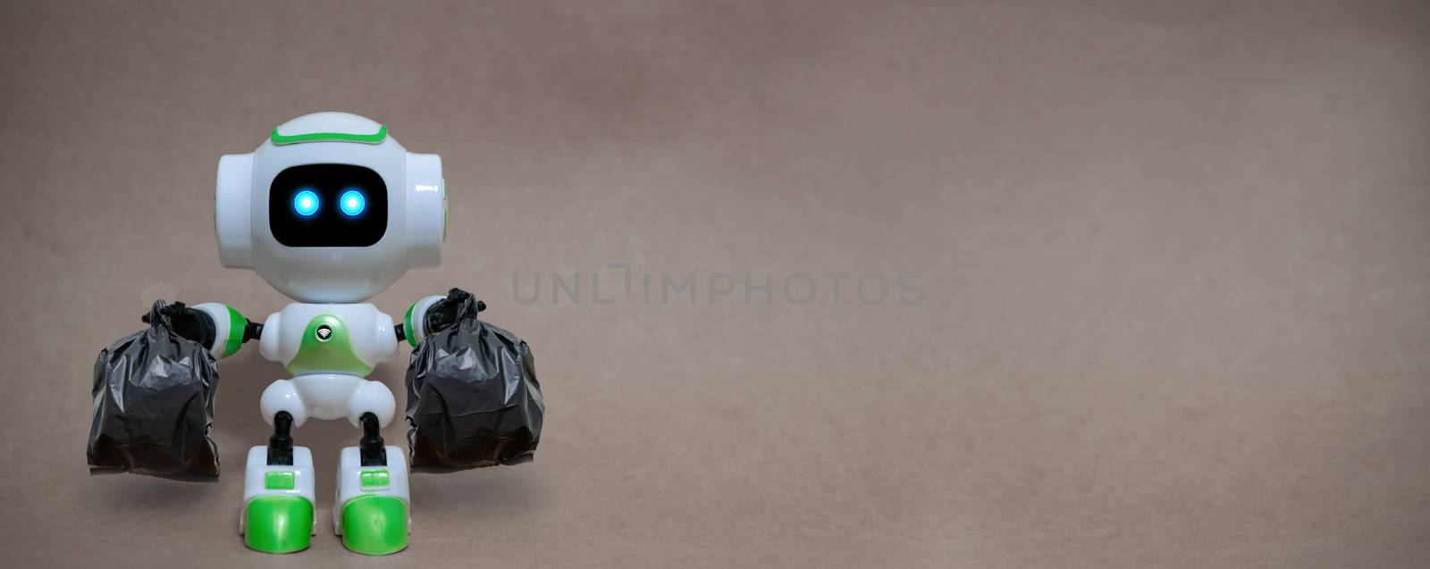 Robot hold garbage bags technology recycle environment on a gray background by sompongtom