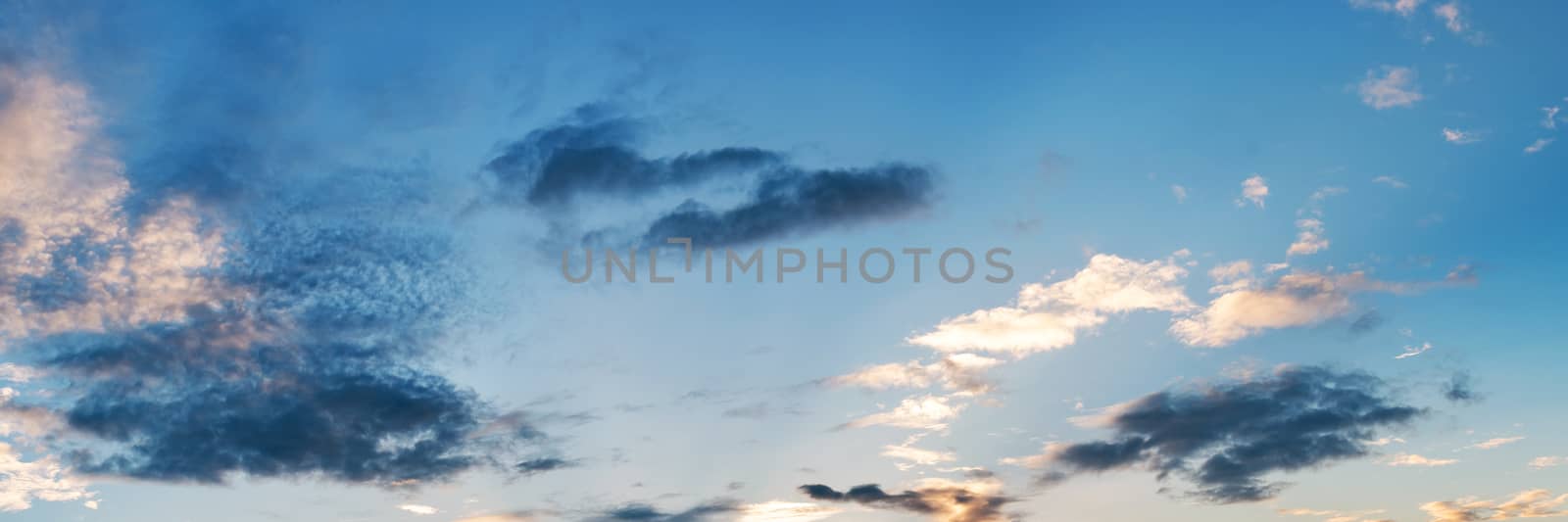 Vibrant panorama sunset sky on twilight time. Beautiful cirrus cloud. Panoramic image