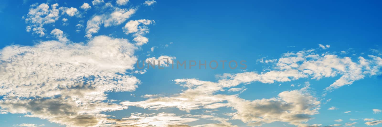 Vibrant color panoramic sky with cloud on a sunny day. Beautiful cirrus cloud. Panorama high resolution photograph.