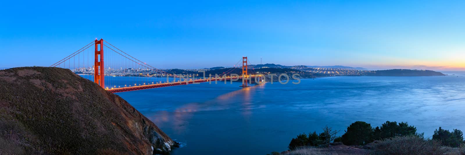 Panorama view of Golden Gate bridge on twilight time, San Francisco, USA.