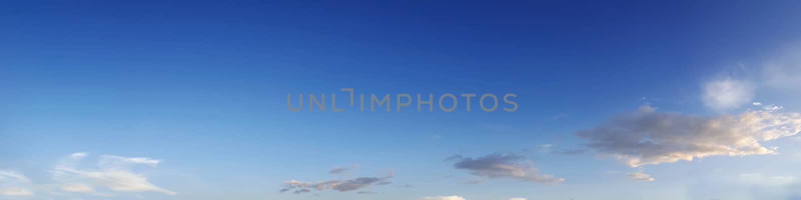 Vibrant color panoramic sky with cloud on a sunny day. Beautiful cirrus cloud. Panorama high resolution photograph.