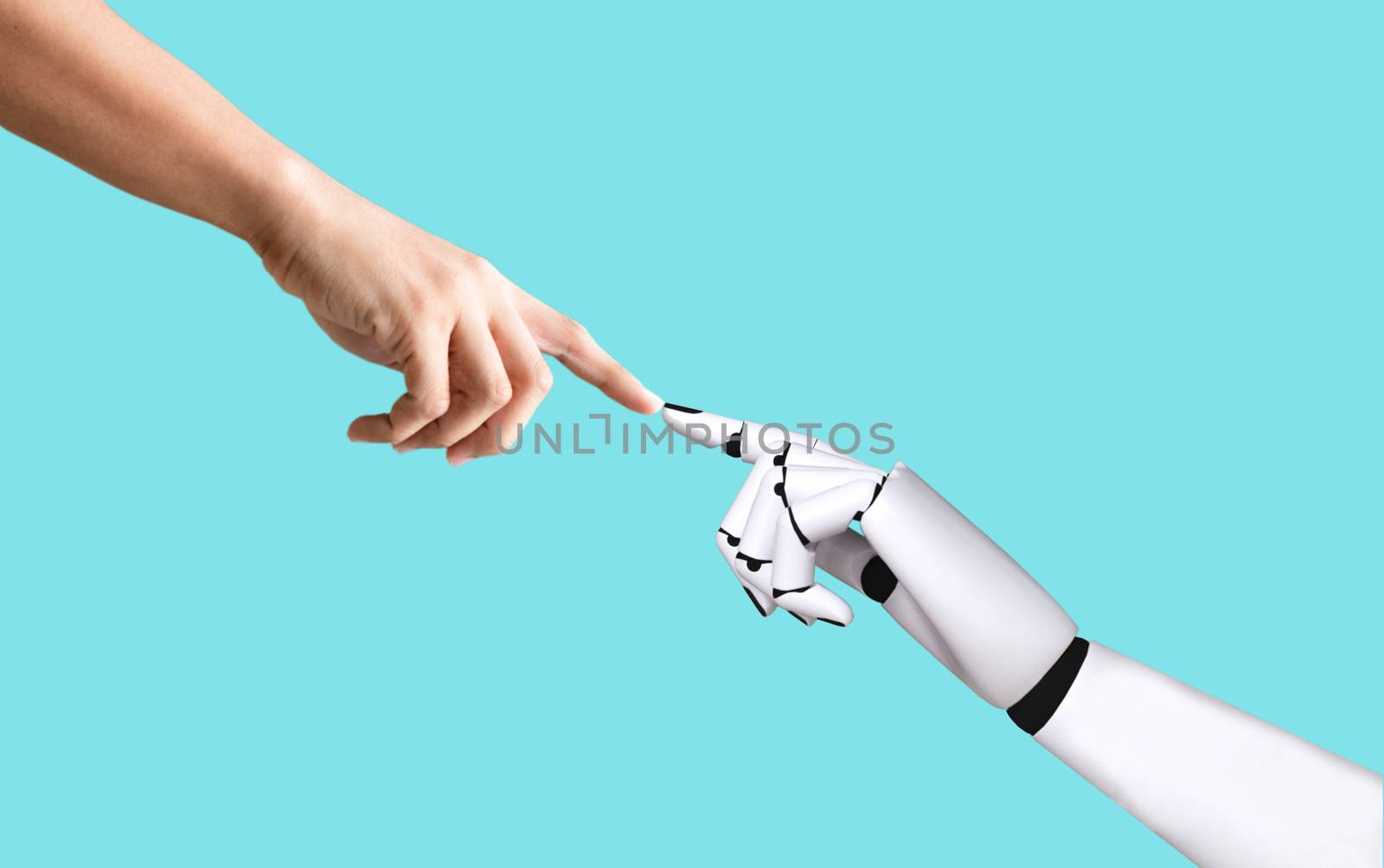 Human hand and robot hand system concept integration and coordination of artificial intelligence technology