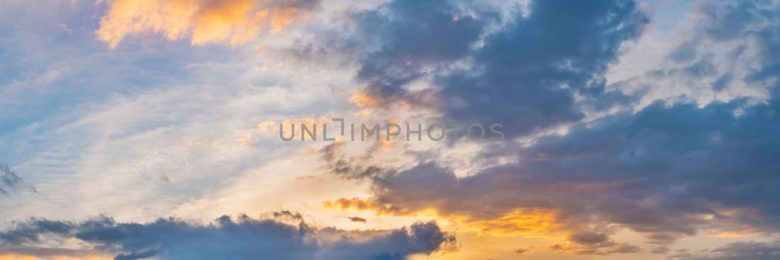 Vibrant panorama sunset sky on twilight time. Beautiful cirrus cloud. Panoramic image