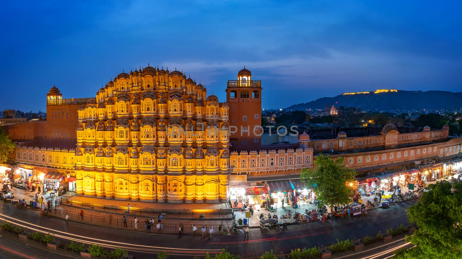 Hawa Mahal on evening, Jaipur, Rajasthan, India. An UNESCO World heritage. Beautiful window architectural element.