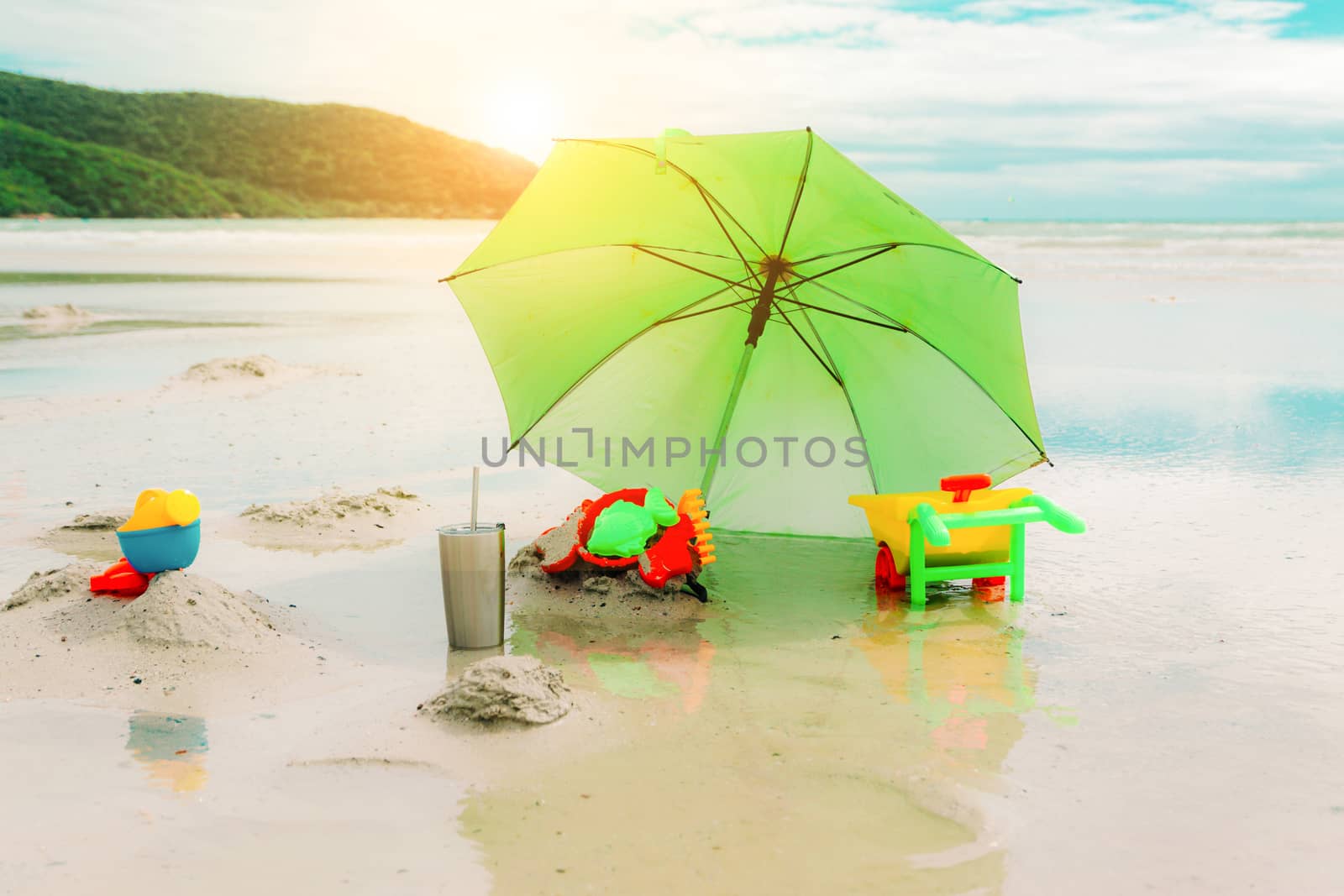 Toy on beach and sea of holiday relax summer Vintage color by sompongtom