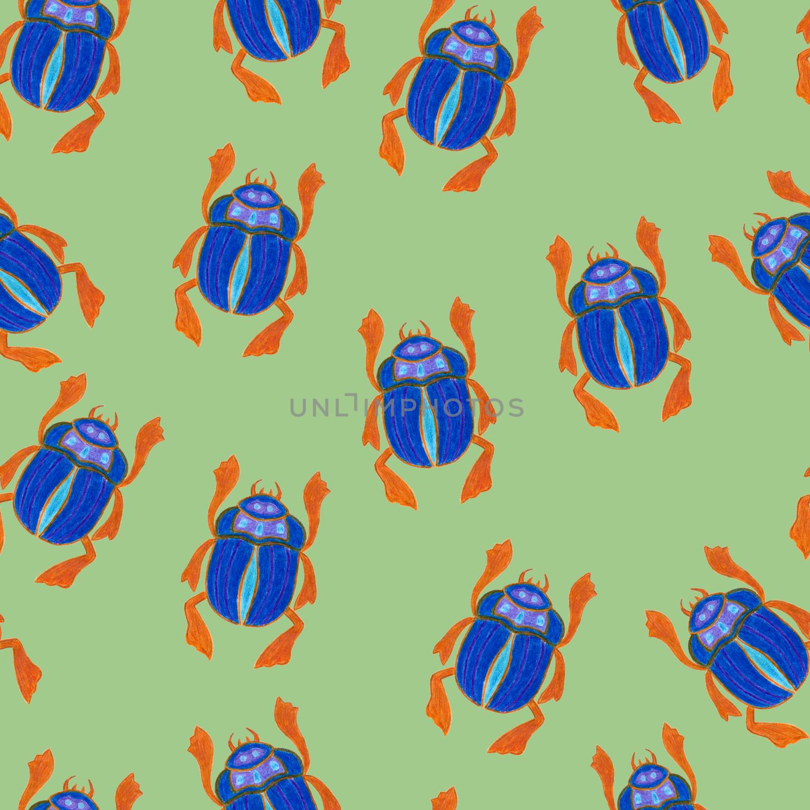 Blue scarab isolated on green background. Seamless pattern with Bug insect, Beetles. Design for wrapping paper, cover, greeting card, wallpaper, fabric by sshisshka