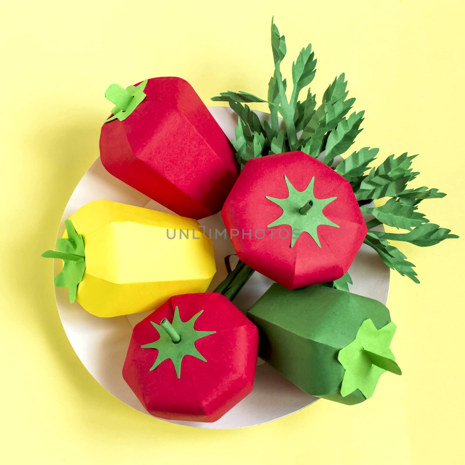 Colorful paper tomatoes, peppers and parsley on paper plate. Real volumetric handmade paper objects. Paper art and craft