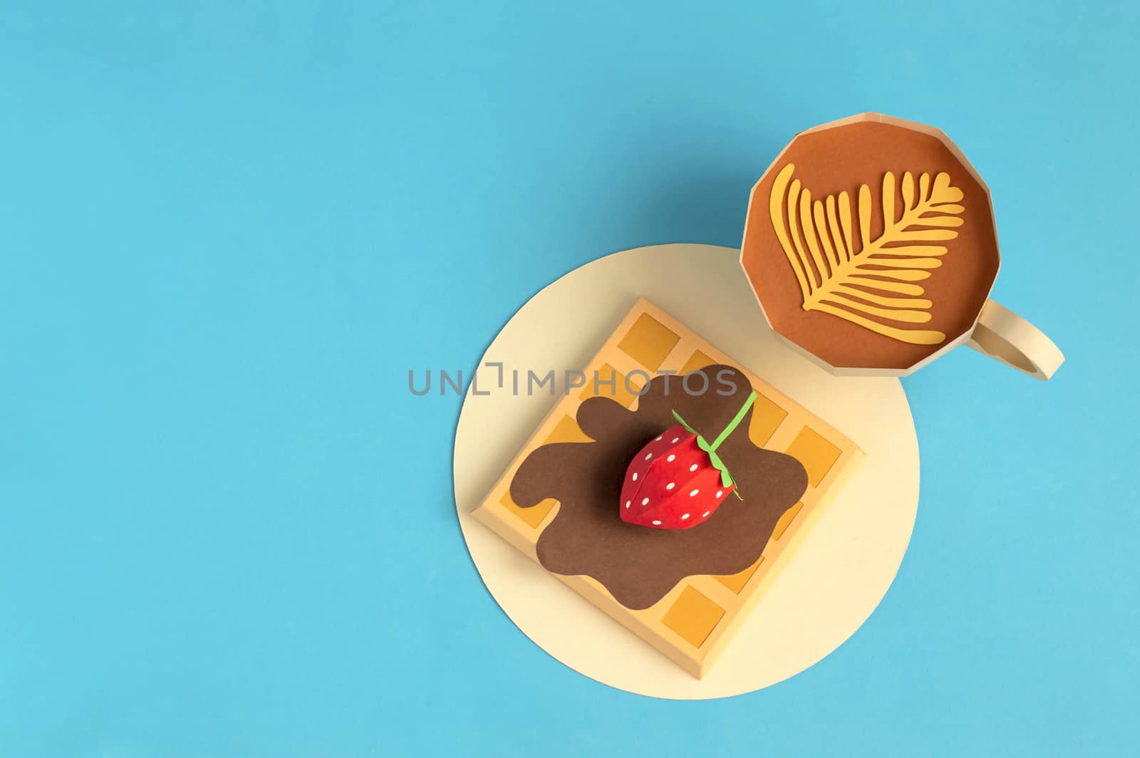 Belgian waffles with chocolate syrup and strawberry, cup of cappuccino made of paper. Real volumetric handmade paper objects. Paper art and craft