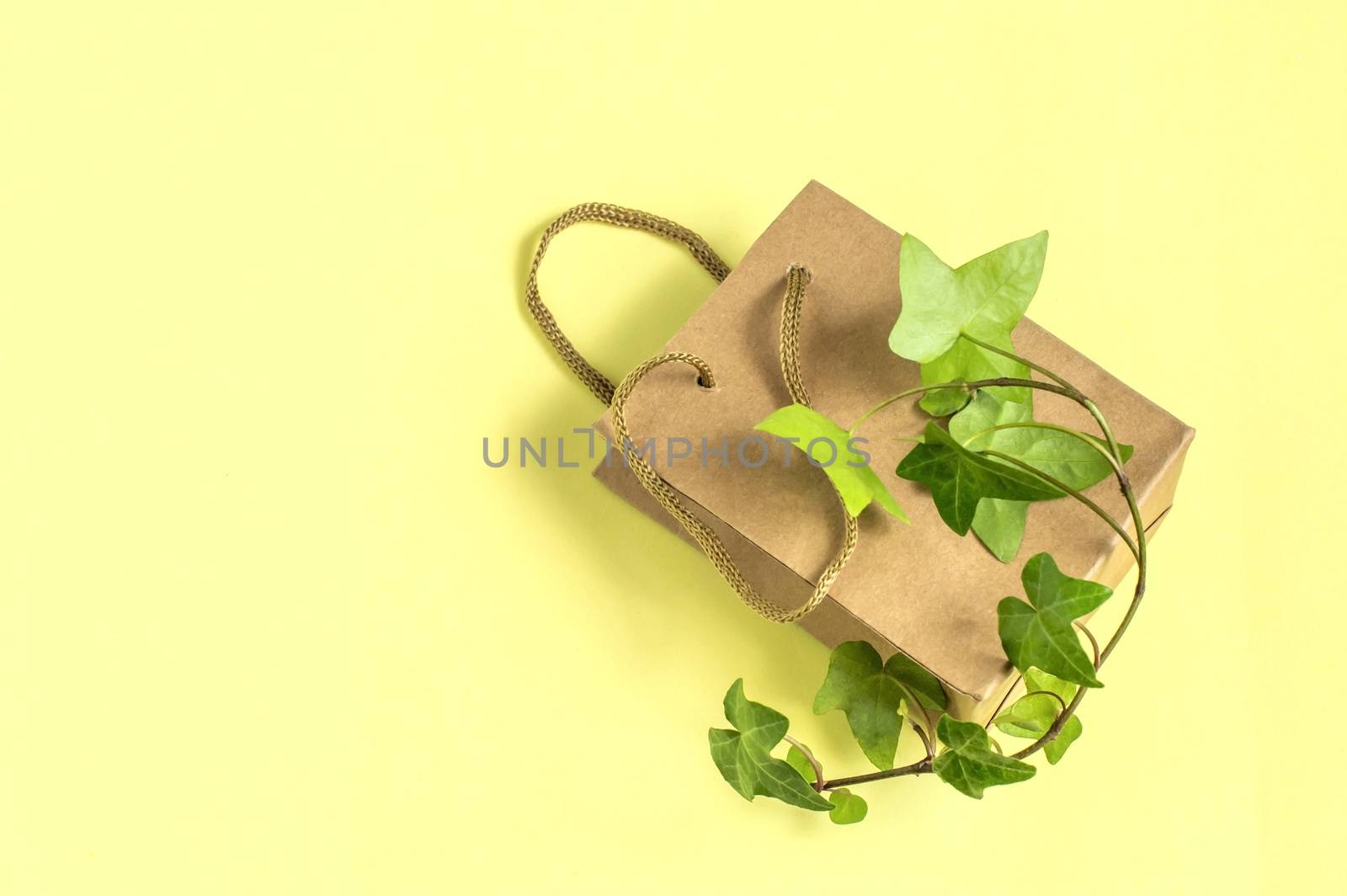 Eco-friendly shopping bag with branch of green plant on yellow background. Use paper bags instead of plastic, zero waste. Concept of social responsibility and environmental protection