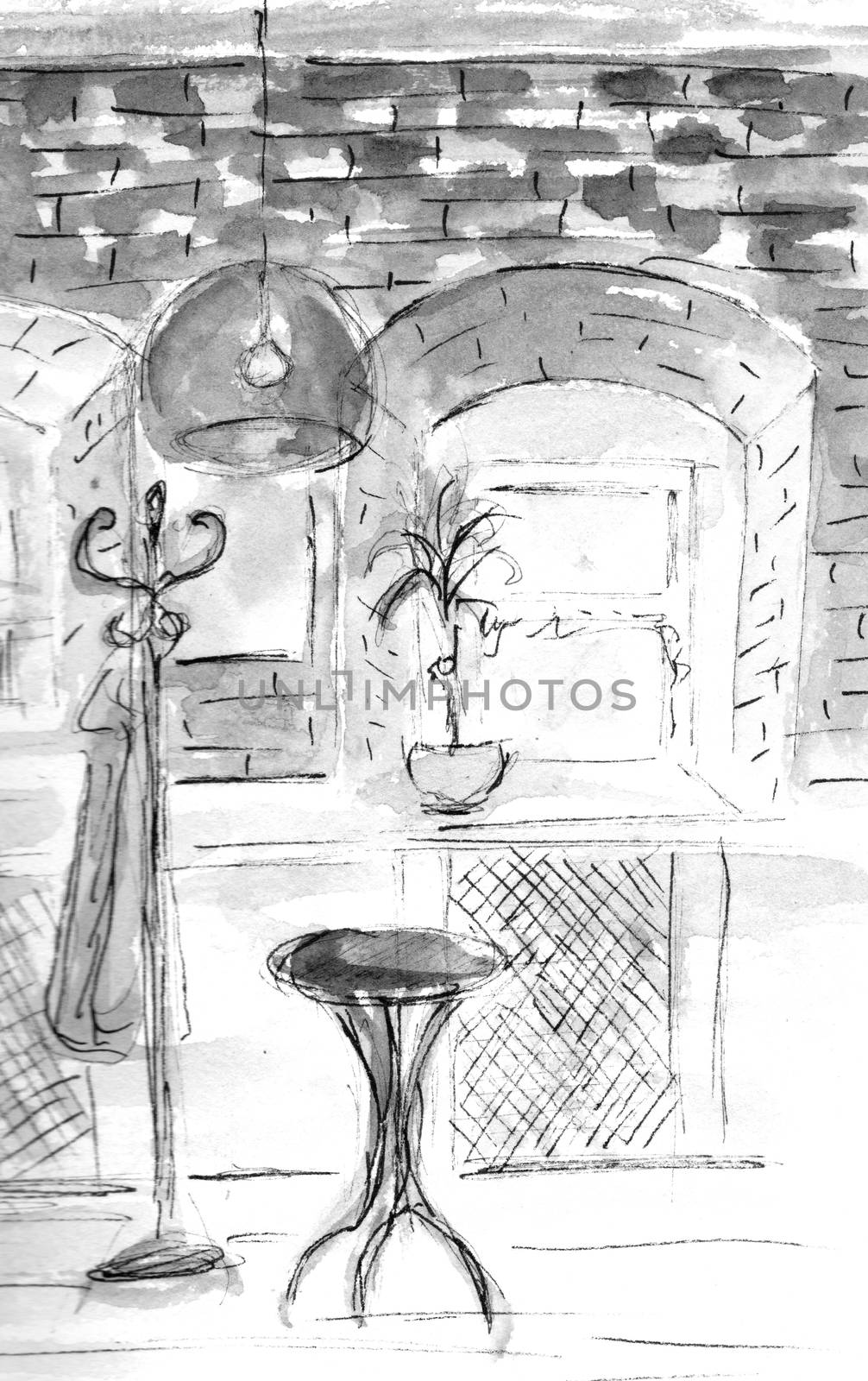 Watercolour sketch of Cafe interior. Hand drawn illustration. Gray, black and white monochrome colors by sshisshka