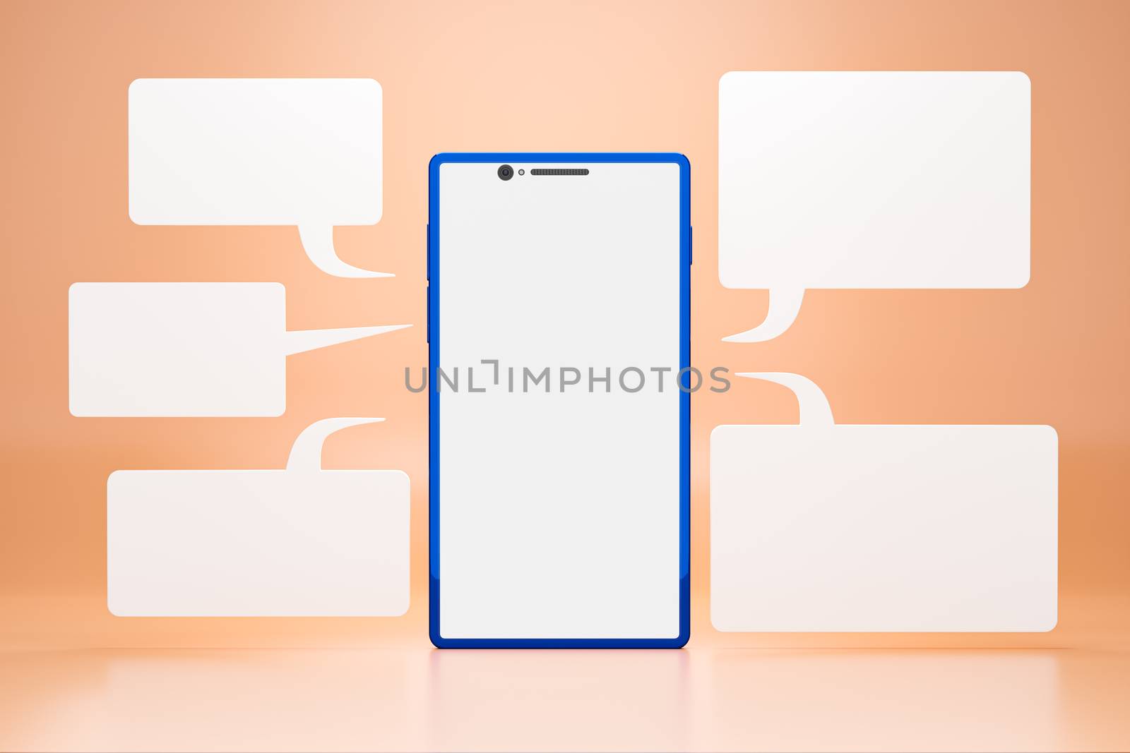 Cell phone with blank LCD screen and chatbox around a smartphone on orange background. Concepts of communication using modern technology through the use of online social forms. Realistic 3D rendering.
