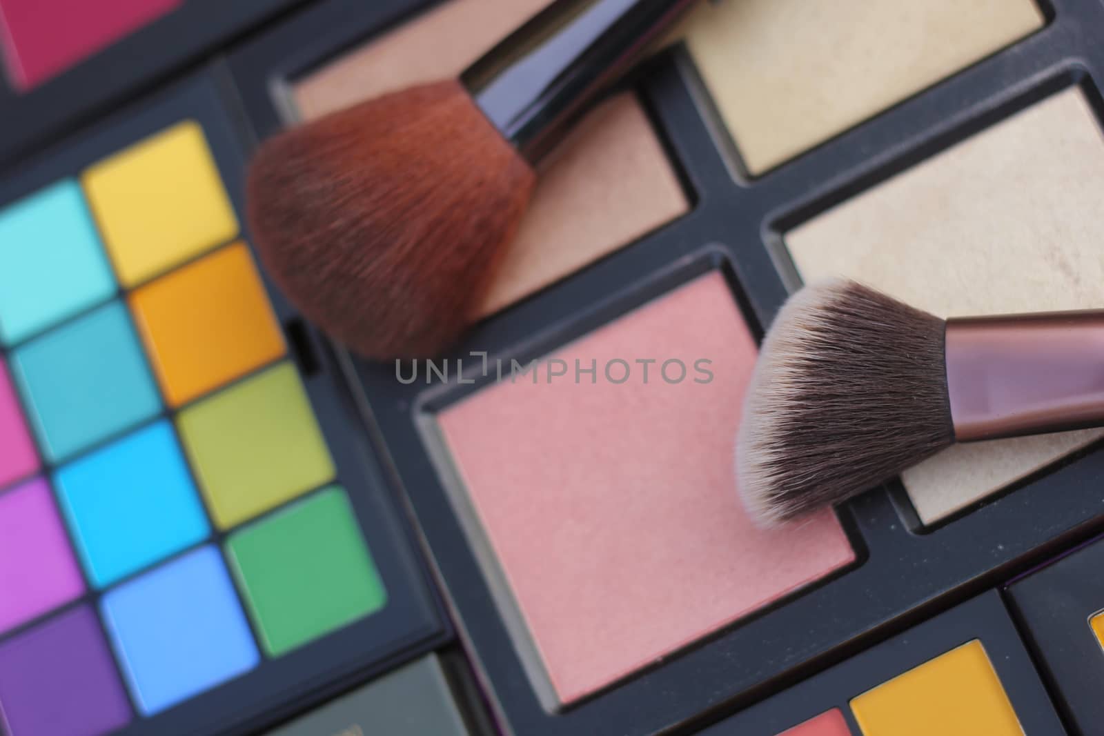 Colorful Cosmetic Pigment Palettes and Various Cosmetics