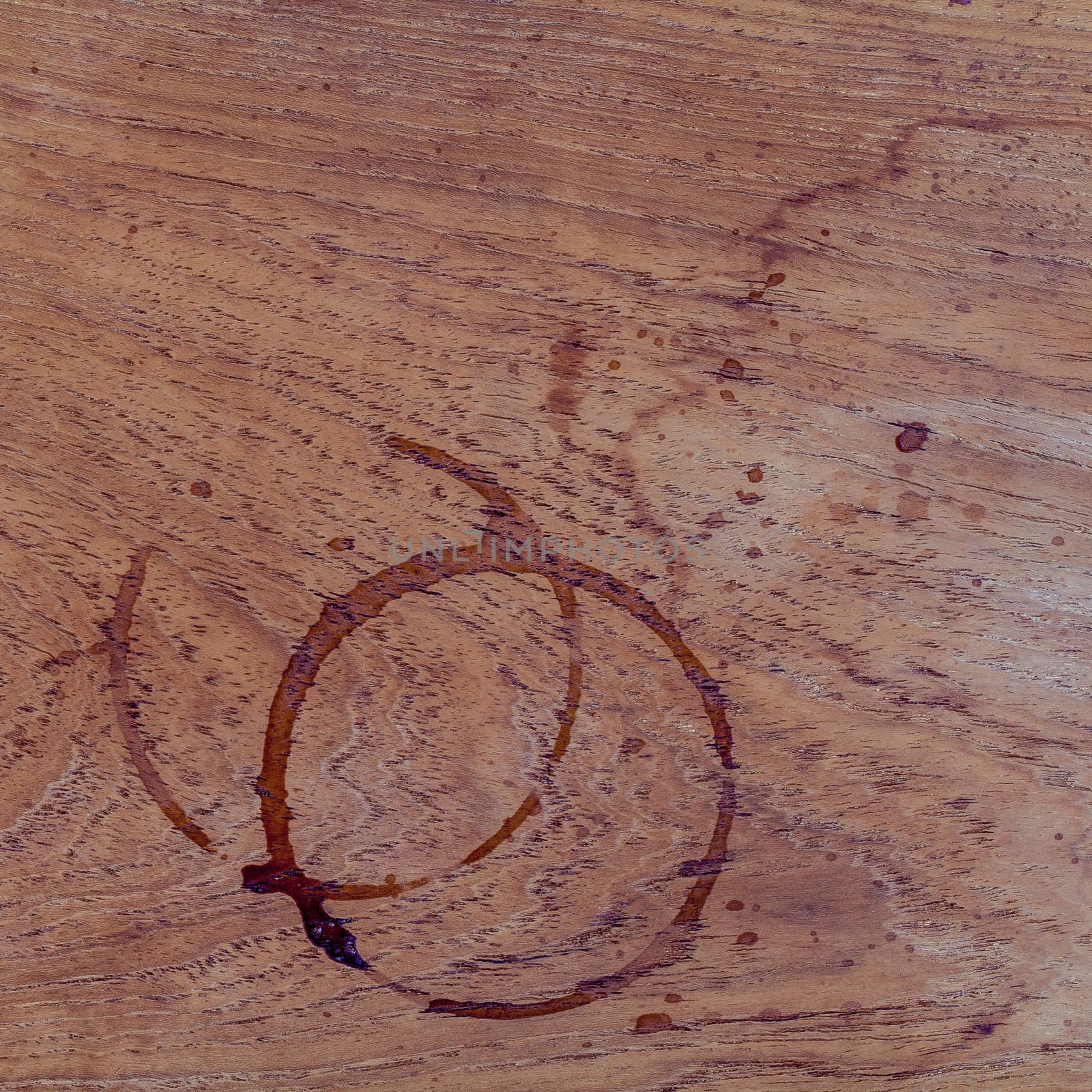 Beverage background and Coffee menu design . Coffee ring on shabby teak woods . Coffee stains on grunge wooden table background  with copy space flat lay.
